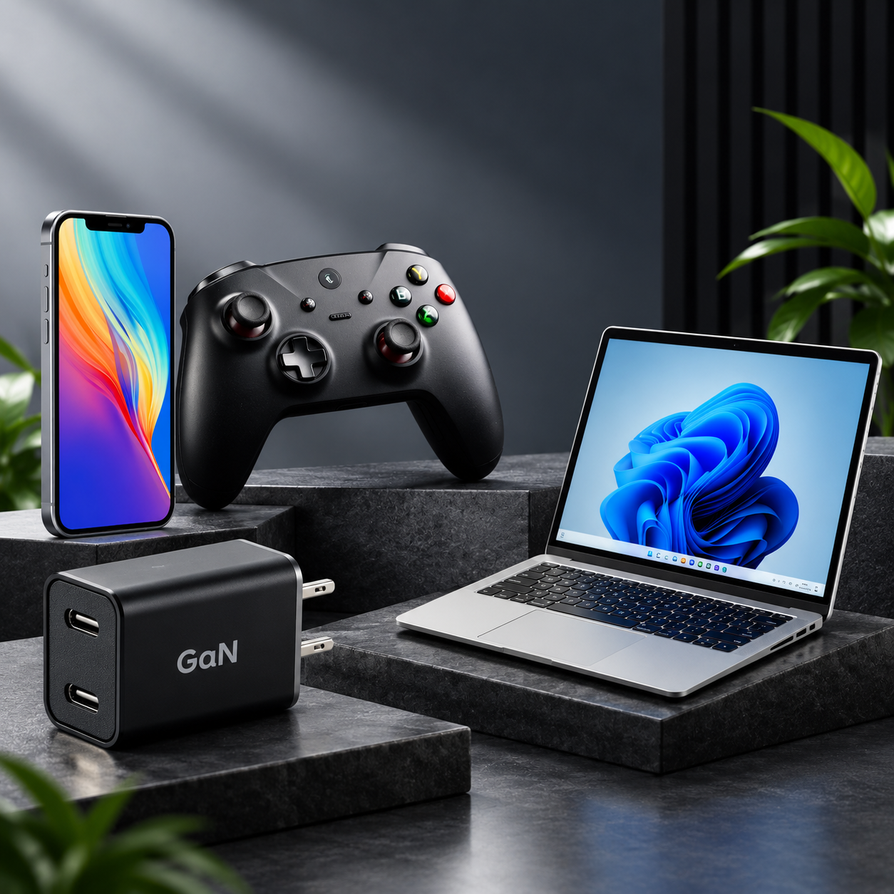 Smartphone, wireless controller, GaN charger and laptop displayed together