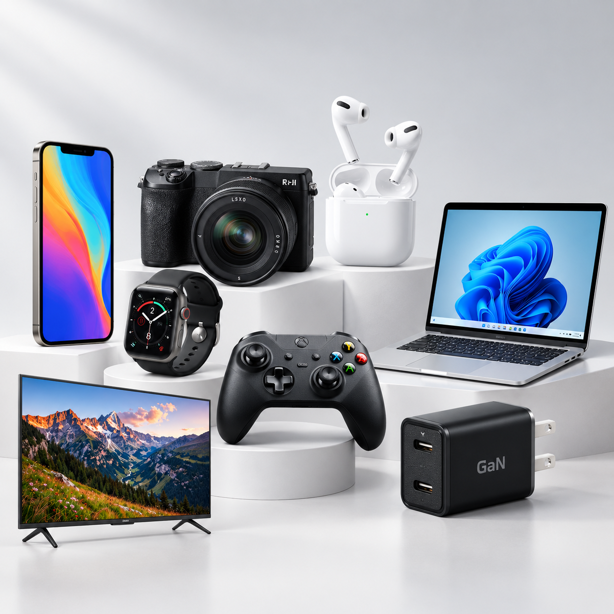 Smartphone, camera, earbuds, smartwatch, controller, laptop, TV and charger lineup